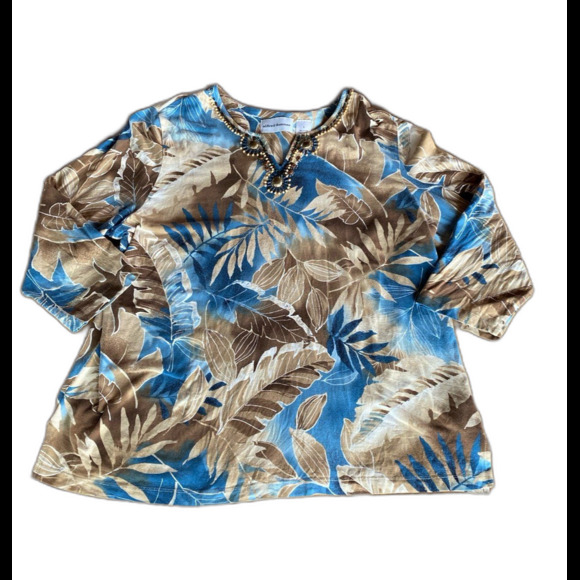 Alfred Dunner Blouse Size Large 95% Cotton Distressed Look Beaded V Neck Floral - Picture 1 of 8